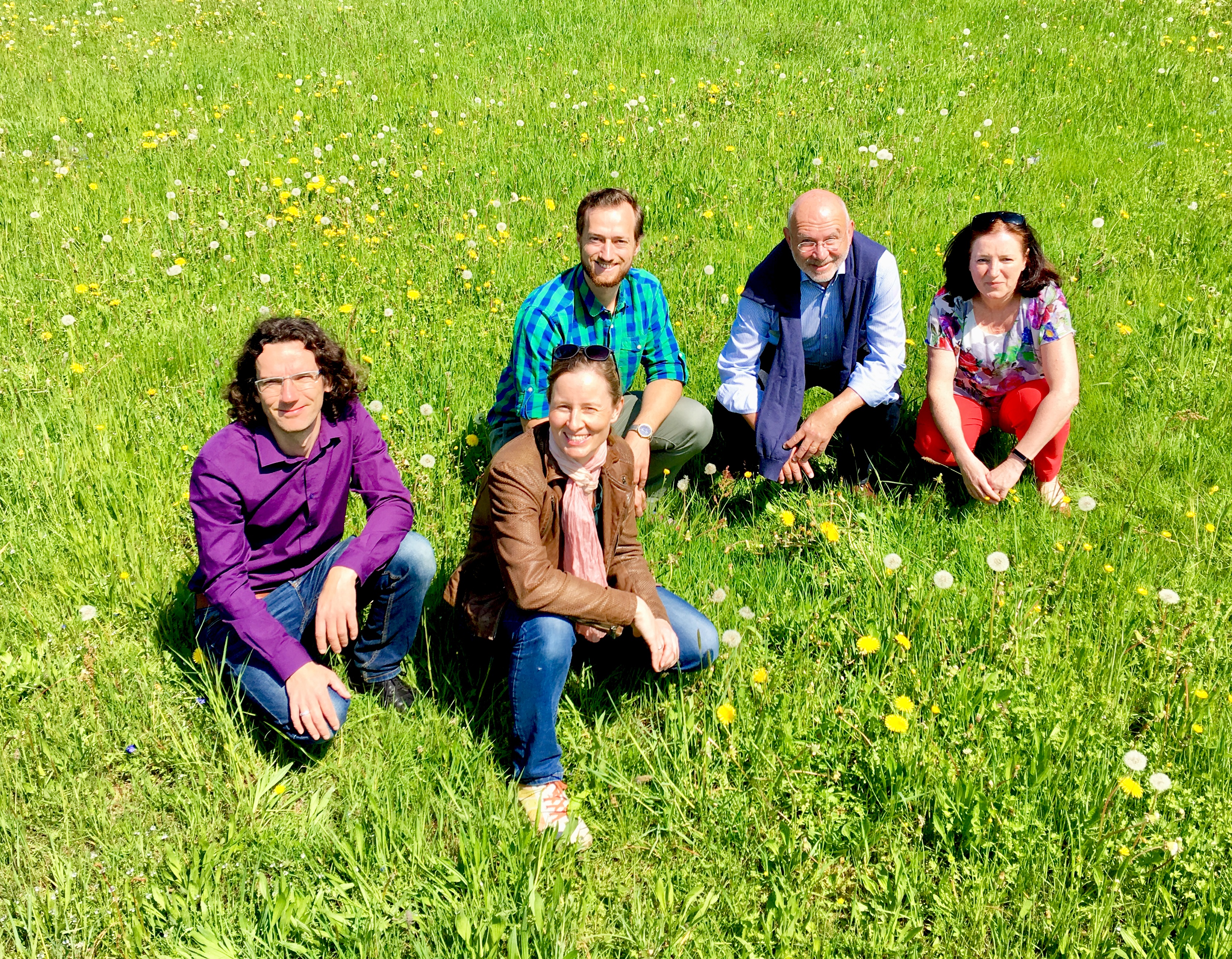 Sebastian Prigge, Marianne Merschhemke, Felix Straub, Jürgen Fremd und Giesela Schleidt sitzend in einer Wiese